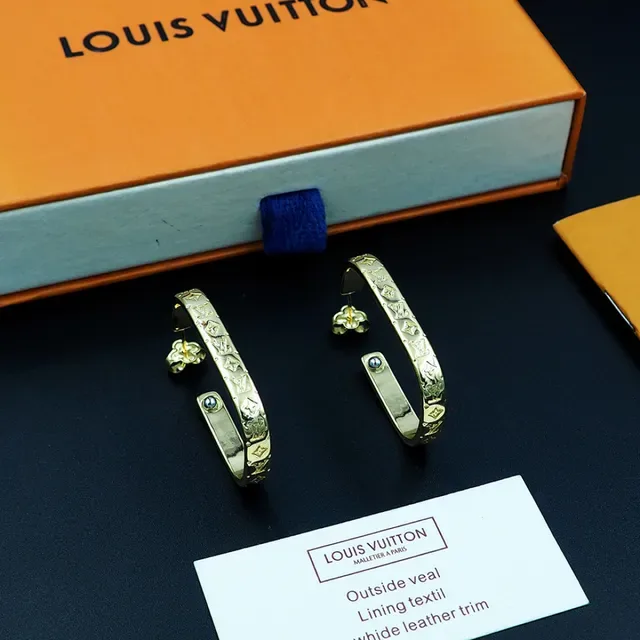 Louis Vuitton Monogram Hoop Gold Silver Engraved Metal Earrings 2