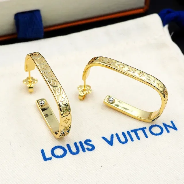Louis Vuitton Monogram Hoop Gold Silver Engraved Metal Earrings 3