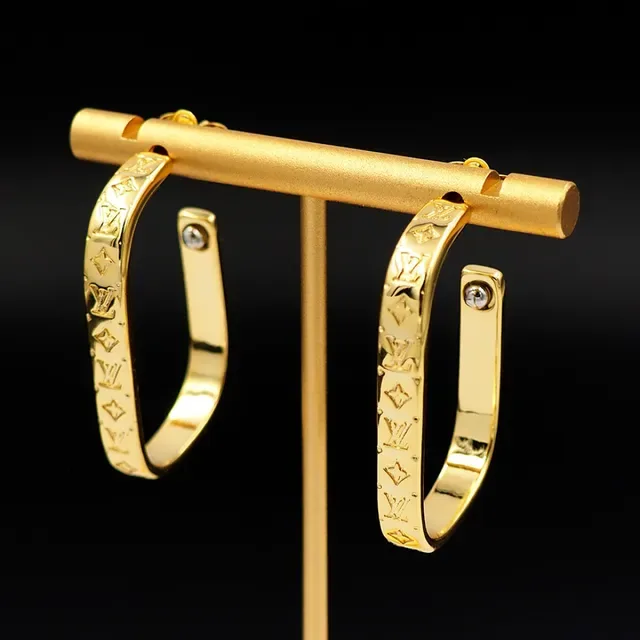 Louis Vuitton Monogram Hoop Gold Silver Engraved Metal Earrings 4