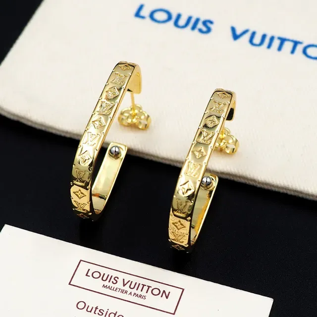 Louis Vuitton Monogram Hoop Gold Silver Engraved Metal Earrings 5
