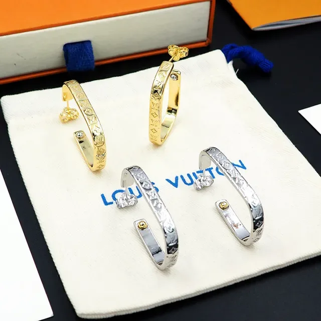 Louis Vuitton Monogram Hoop Gold Silver Engraved Metal Earrings 6