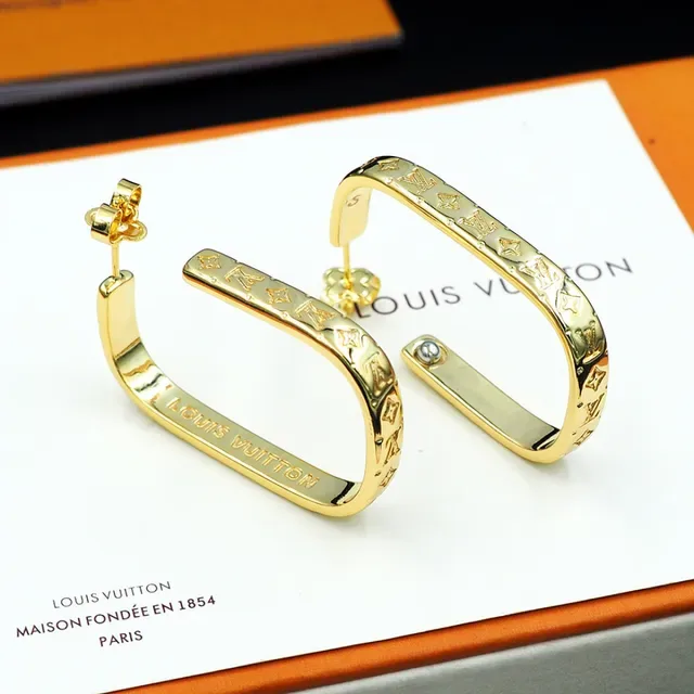 Louis Vuitton Monogram Hoop Gold Silver Engraved Metal Earrings 7