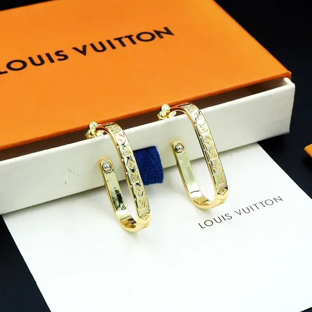 Louis Vuitton Monogram Hoop Gold Silver Engraved Metal Earrings 8