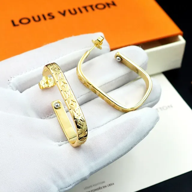 Louis Vuitton Monogram Hoop Gold Silver Engraved Metal Earrings 9