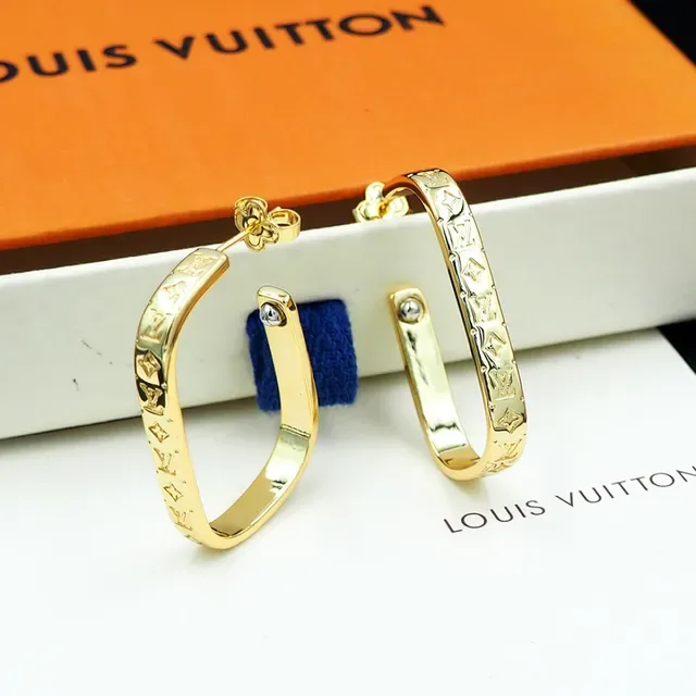 Louis Vuitton Monogram Hoop Gold Silver Engraved Metal Earrings 10