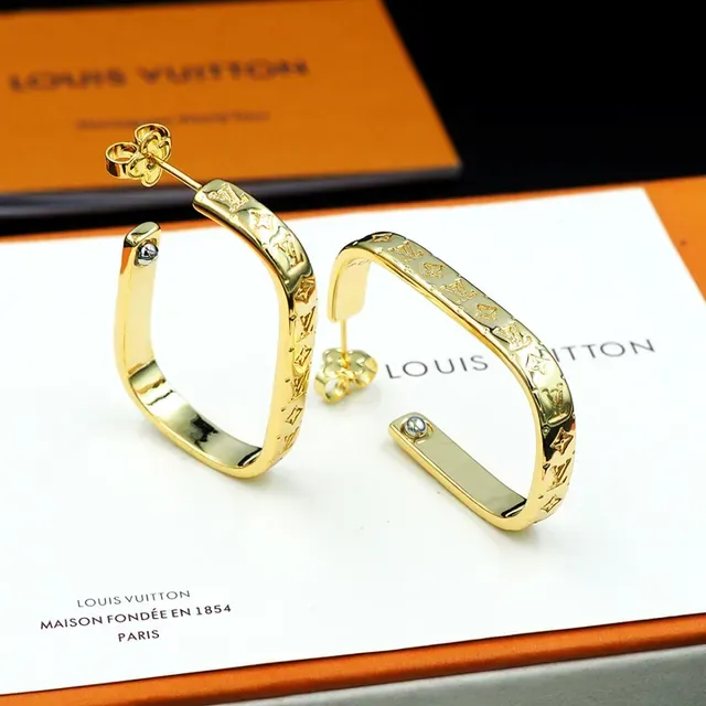 Louis Vuitton Monogram Hoop Gold Silver Engraved Metal Earrings 12