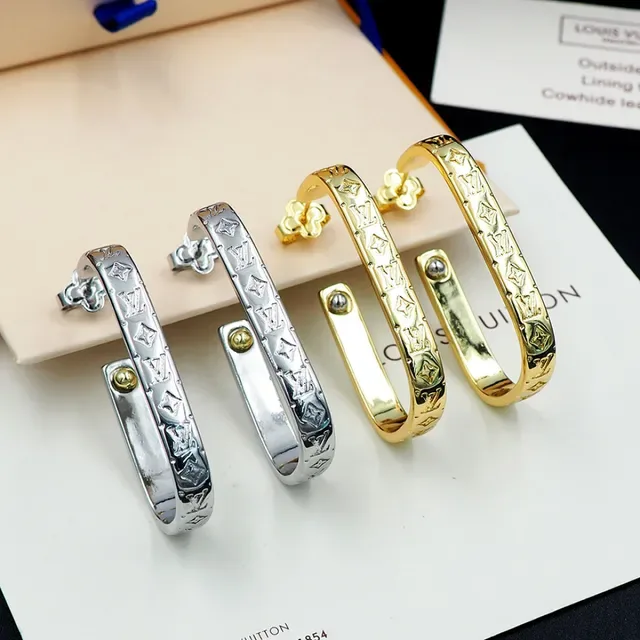 Louis Vuitton Monogram Hoop Gold Silver Engraved Metal Earrings 13