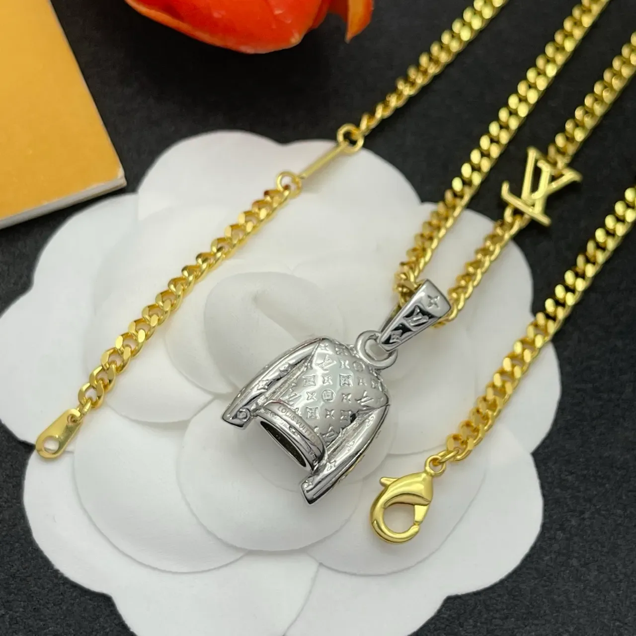 Louis Vuitton Monogram Jacket Pendant Gold Chain Necklace 3