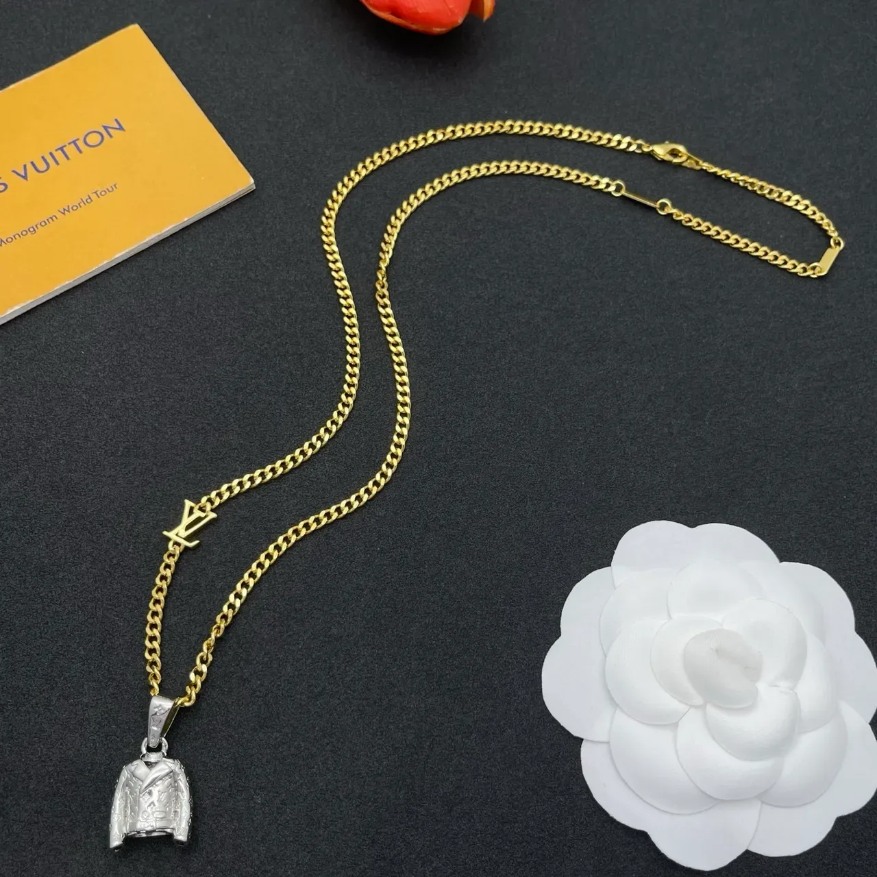 Louis Vuitton Monogram Jacket Pendant Gold Chain Necklace 7