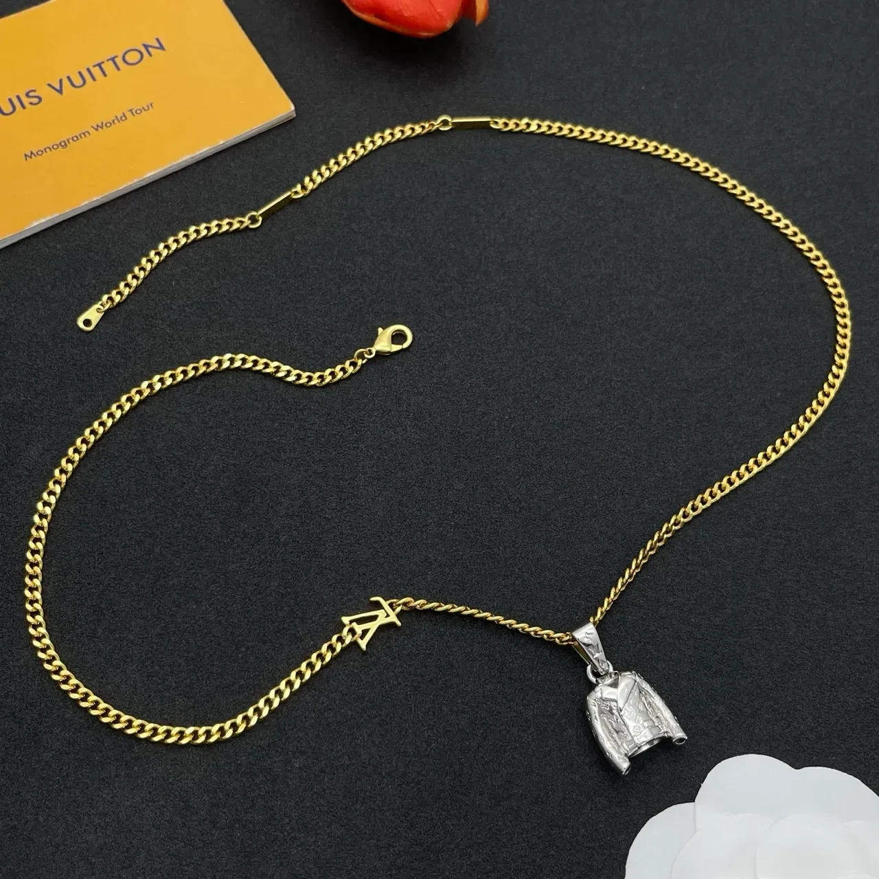 Louis Vuitton Monogram Jacket Pendant Gold Chain Necklace 8