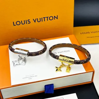 Louis Vuitton Monogram Cuero Pulsera Marrón Dorado Lona Cilíndrico Cerradura Pulsera