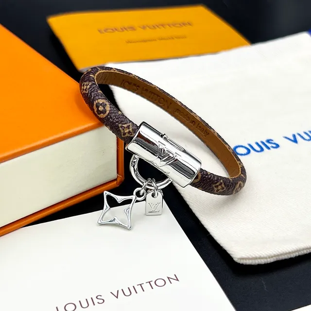 Louis Vuitton Monogram Leather Bracelet Brown Gold Canvas Cylindrical Clasp Bracelet 3