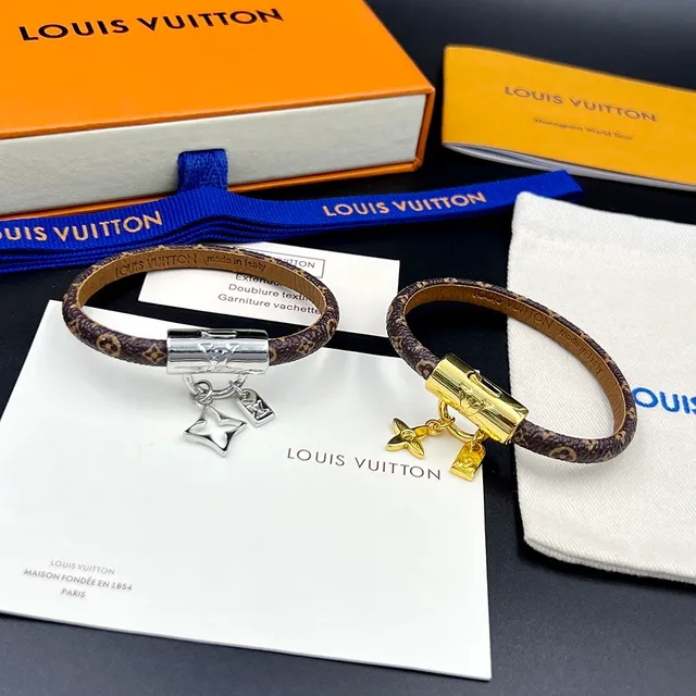 Louis Vuitton Monogram Leather Bracelet Brown Gold Canvas Cylindrical Clasp Bracelet 4