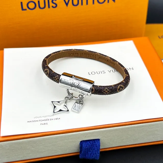 Louis Vuitton Monogram Leather Bracelet Brown Gold Canvas Cylindrical Clasp Bracelet 7