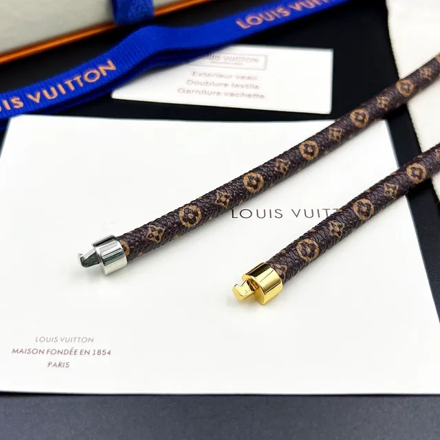 Louis Vuitton Monogram Leather Bracelet Brown Gold Canvas Cylindrical Clasp Bracelet 9