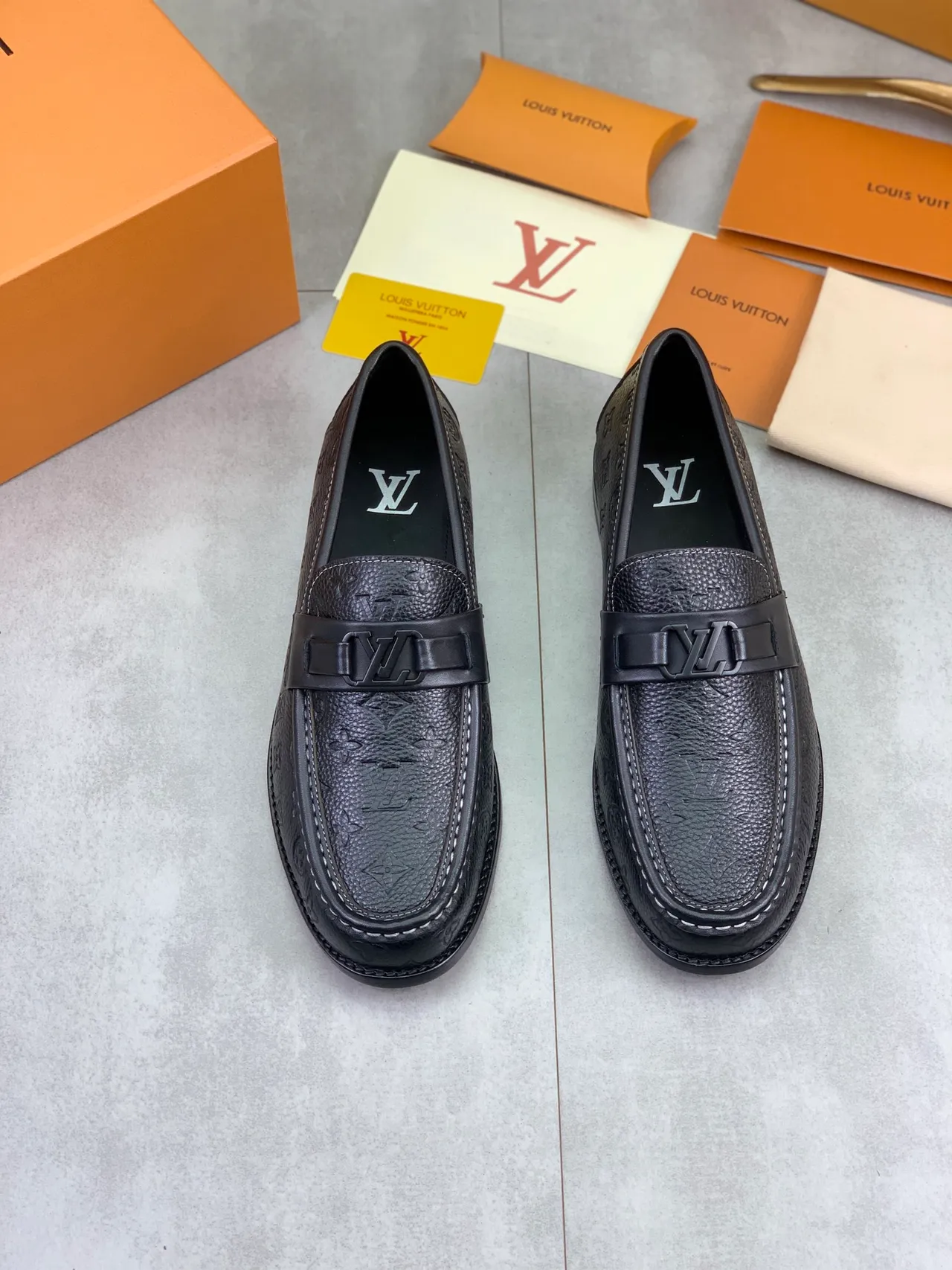 Louis Vuitton Monogram Loafer Black Embossed Leather Loafers 5