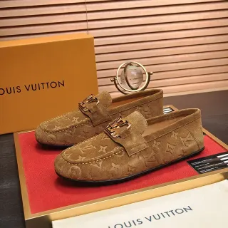 Louis Vuitton Monogram Suede Gold Buckle Loafers