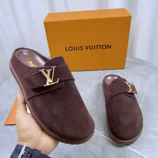 Louis Vuitton म्यूल भूरा सोने का सूड ऊपरी मॉनोग्राम बकल स्ट्रैप कैजुअल जूते
