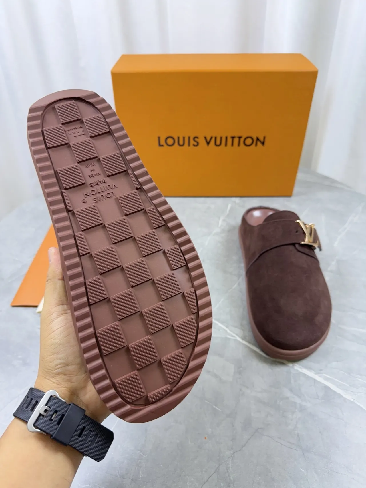 Louis Vuitton Mule Brown Gold Suede Upper Monogram Buckle Strap Casual Shoes 2