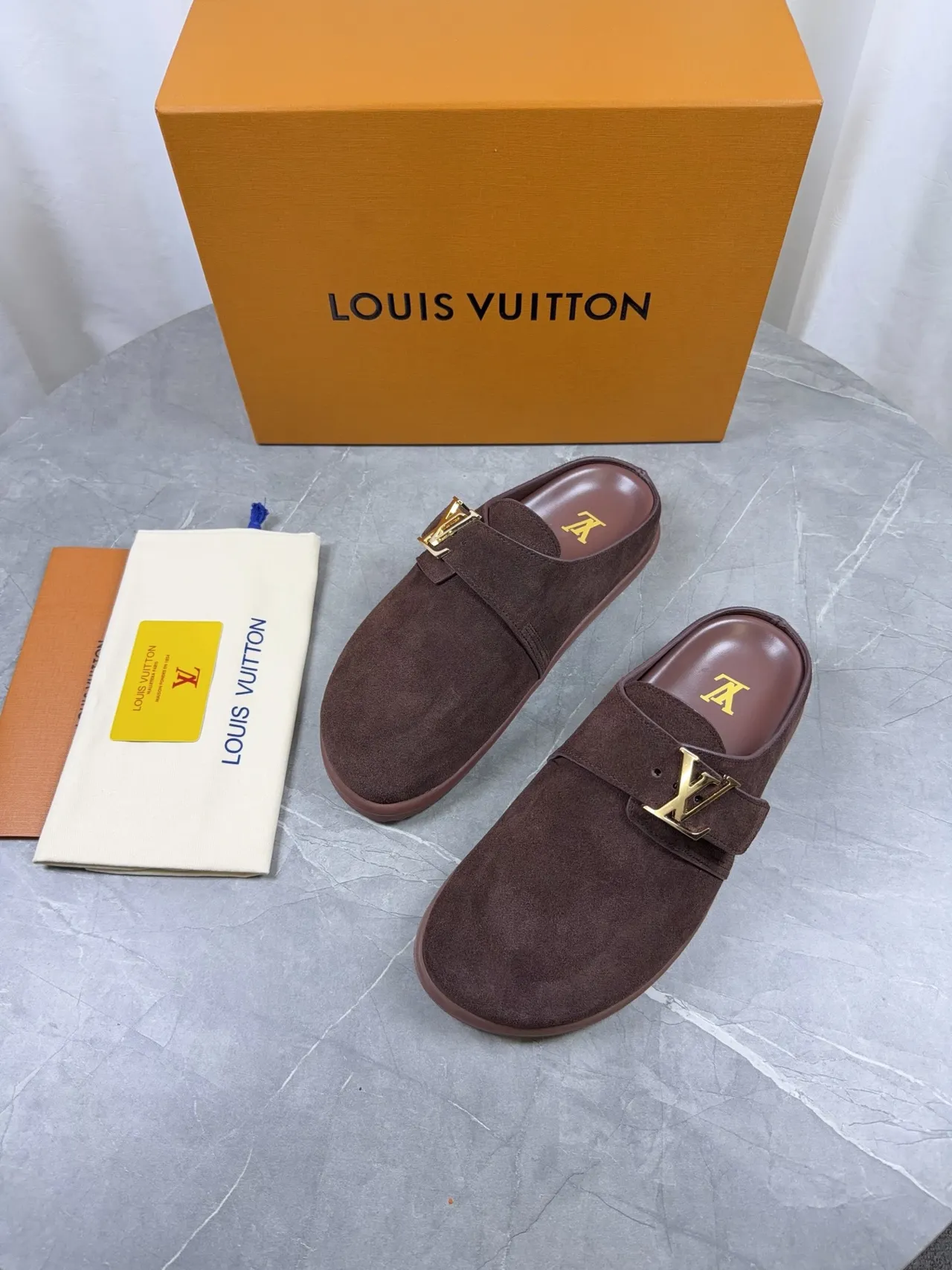 Louis Vuitton Mule Brown Gold Suede Upper Monogram Buckle Strap Casual Shoes 3