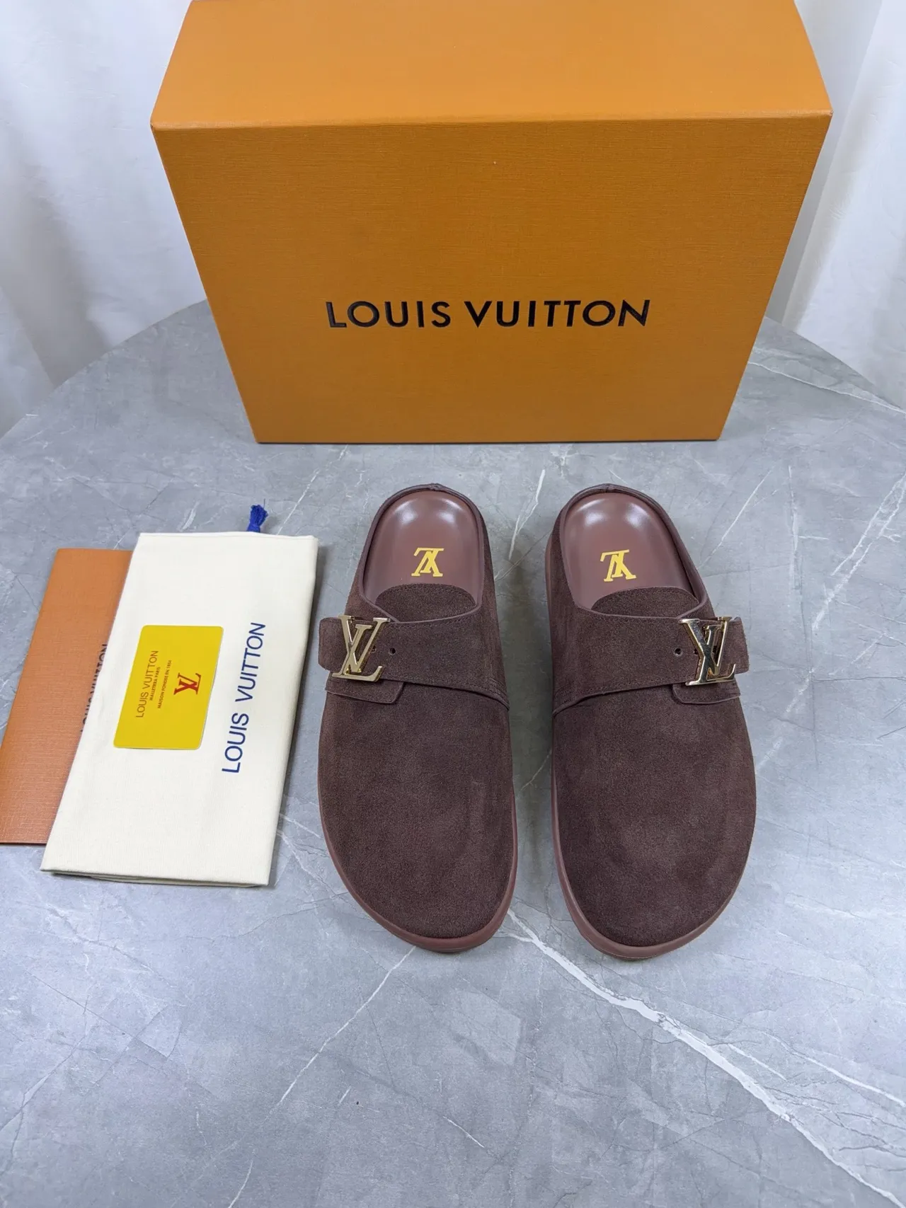 Louis Vuitton Mule Brown Gold Suede Upper Monogram Buckle Strap Casual Shoes 4