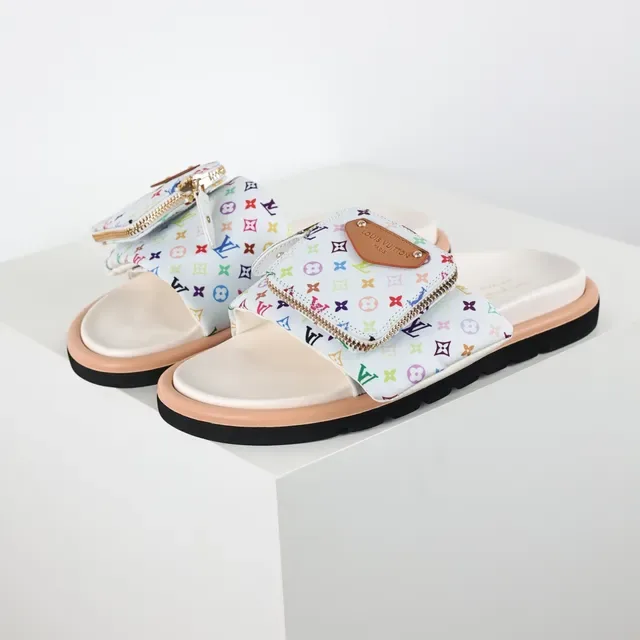 Louis Vuitton Multicolor Beige Monogram-Print Fabric Zippered Strap Pouch Slippers 2