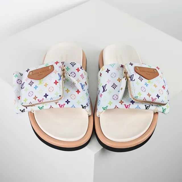 Louis Vuitton Multicolor Beige Monogram-Print Fabric Zippered Strap Pouch Slippers 8