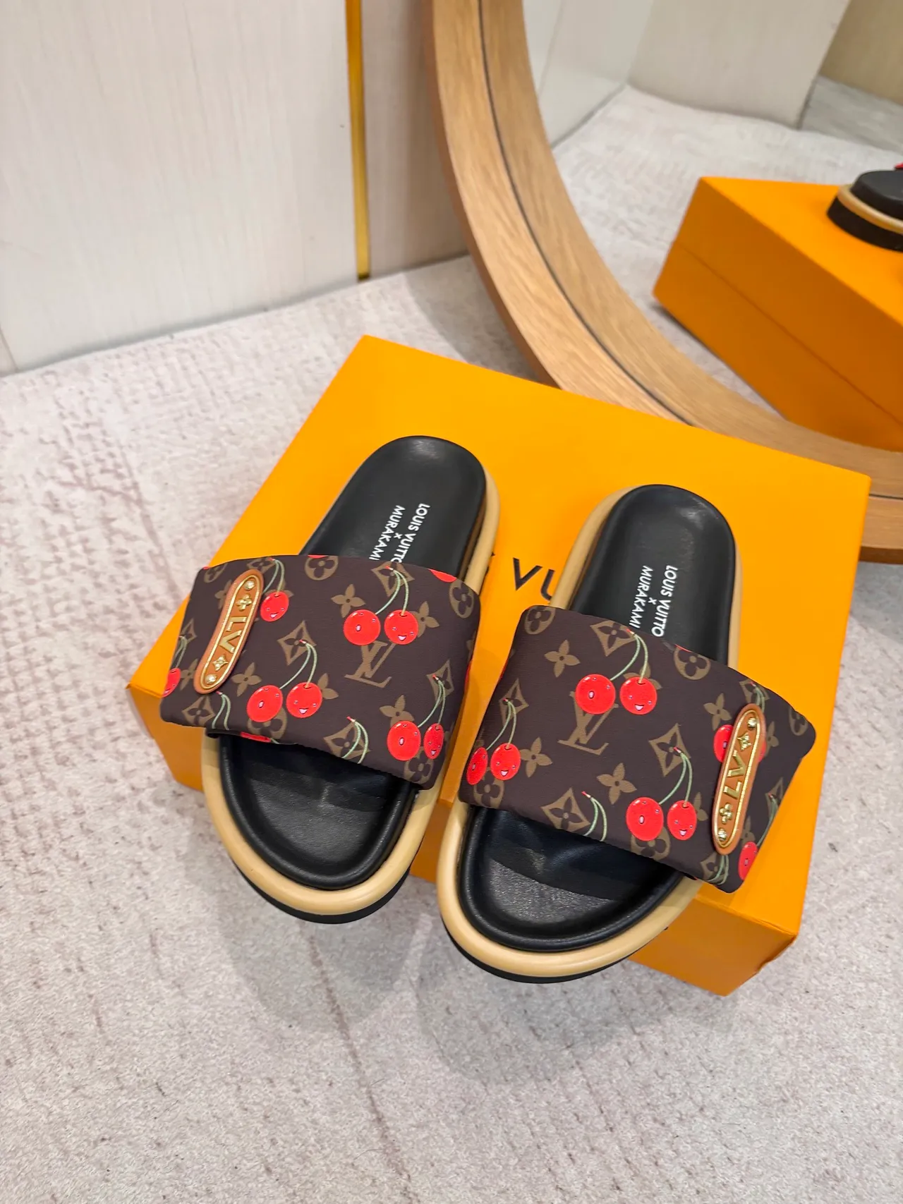 Louis Vuitton Murakami x Brown Red Monogram Canvas Cherry Print Slippers 2