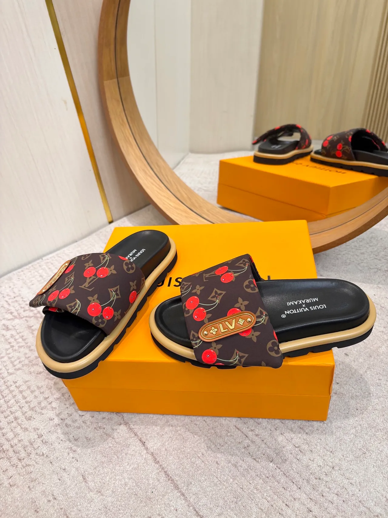 Louis Vuitton Murakami x Brown Red Monogram Canvas Cherry Print Slippers 3