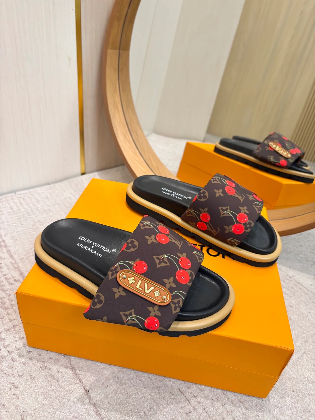 Louis Vuitton Murakami x Brown Red Monogram Canvas Cherry Print Slippers 4