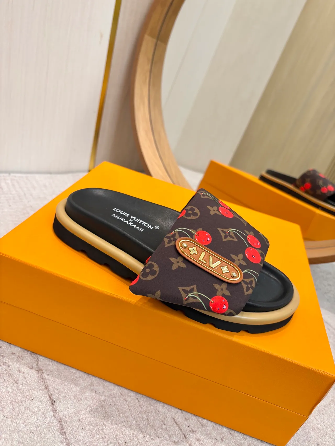 Louis Vuitton Murakami x Brown Red Monogram Canvas Cherry Print Slippers 5