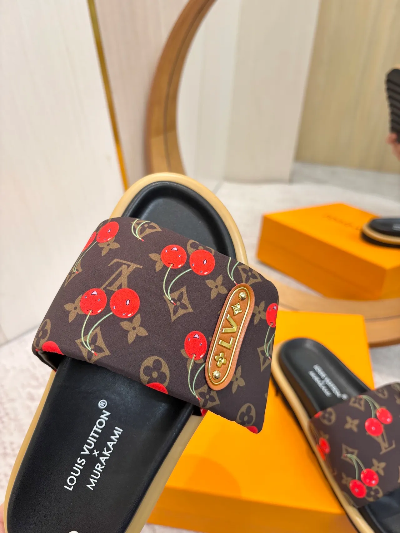 Louis Vuitton Murakami x Brown Red Monogram Canvas Cherry Print Slippers 6