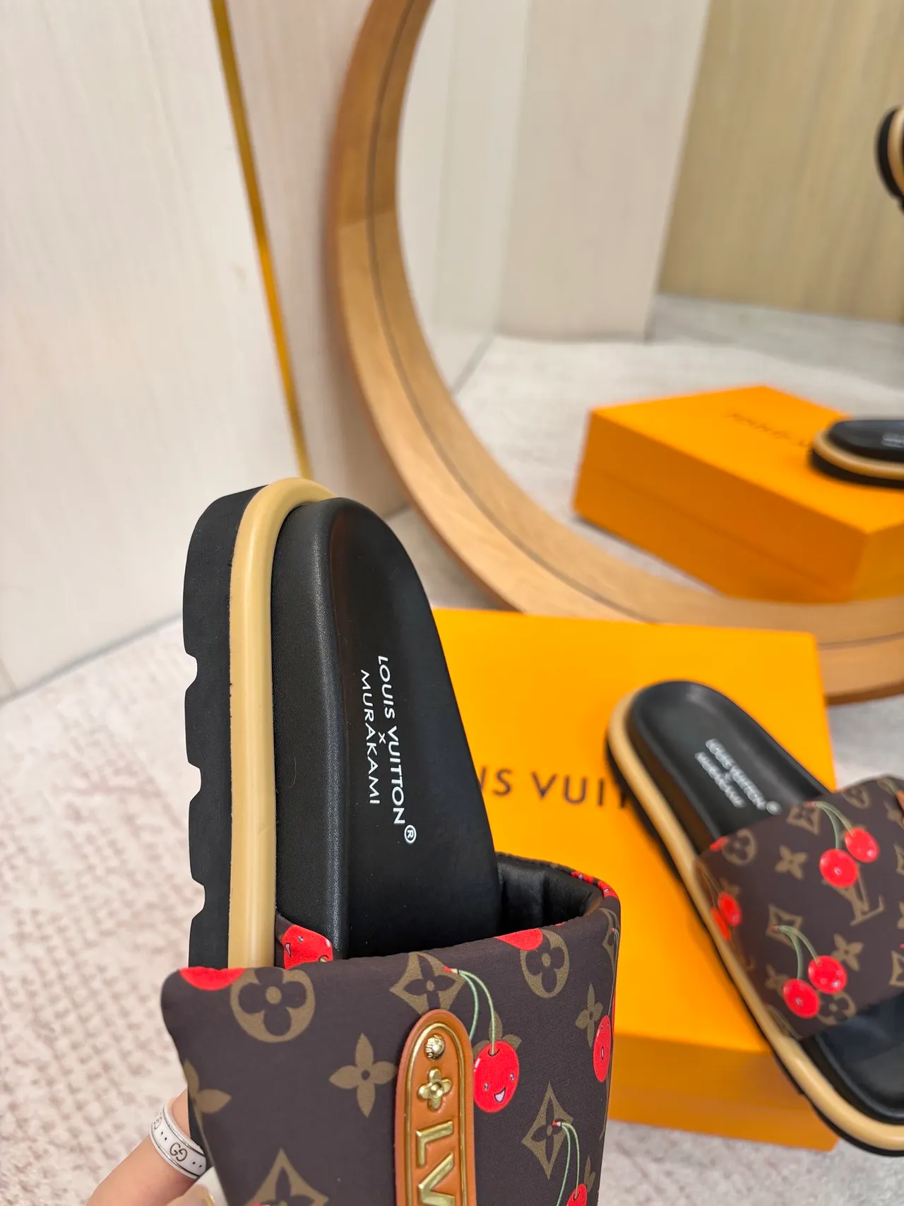 Louis Vuitton Murakami x Brown Red Monogram Canvas Cherry Print Slippers 7