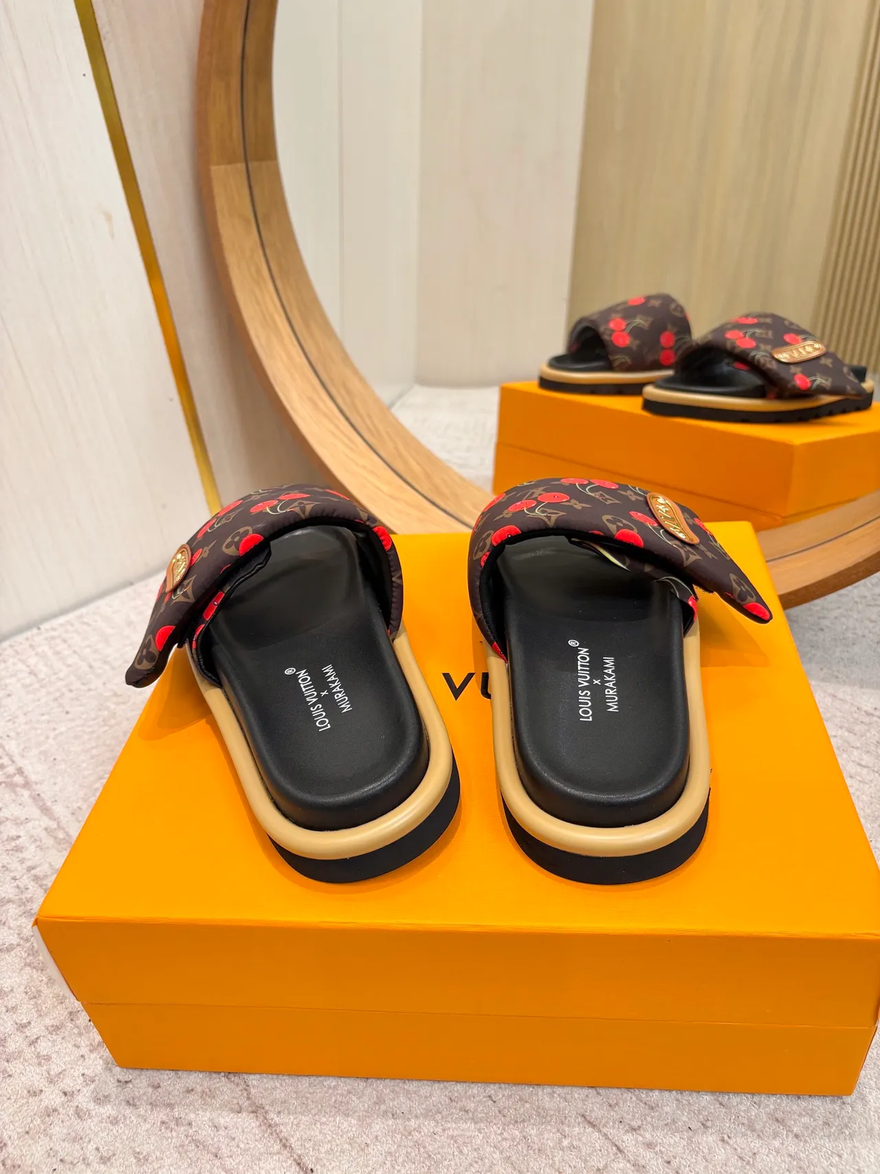 Louis Vuitton Murakami x Brown Red Monogram Canvas Cherry Print Slippers 8