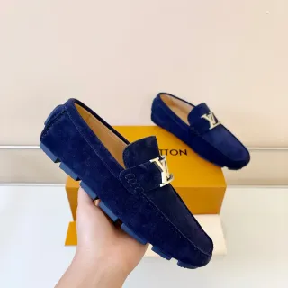Louis Vuitton Navy Beige सुड अपर मेटल LV बकल लोफर