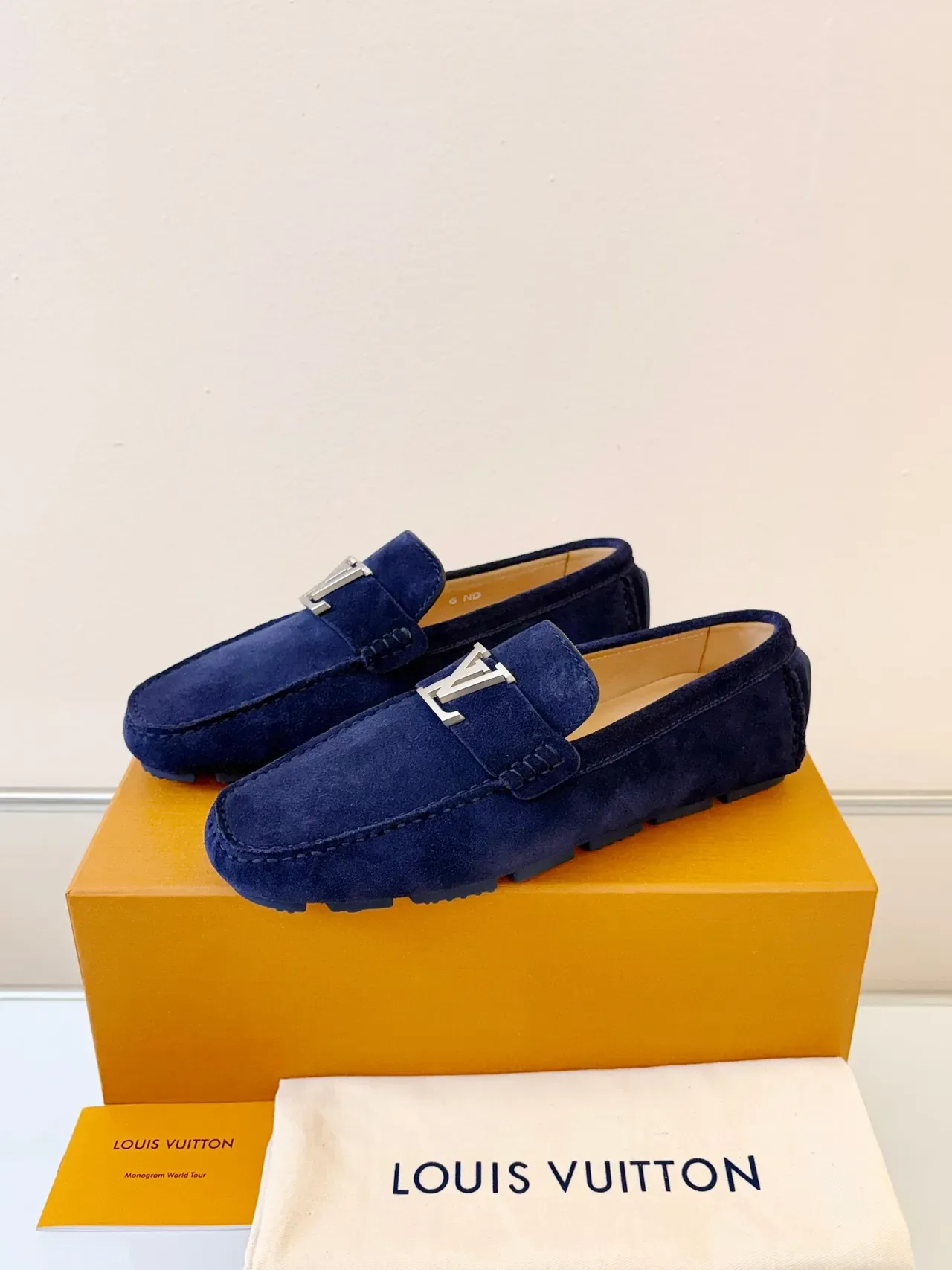 Louis Vuitton Navy Beige Suede Upper Metal LV Buckle Loafer 2