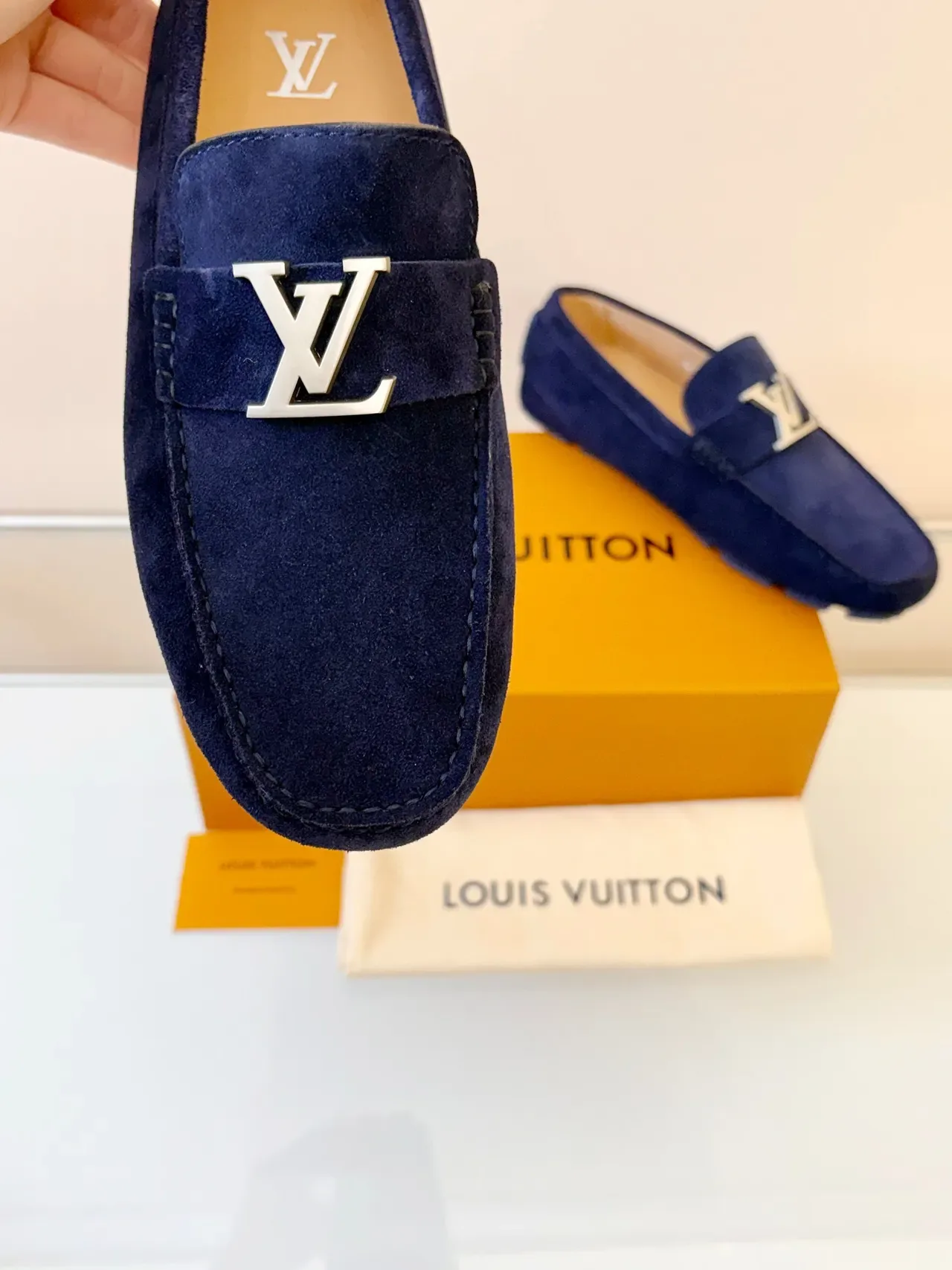 Louis Vuitton Navy Beige Suede Upper Metal LV Buckle Loafer 3