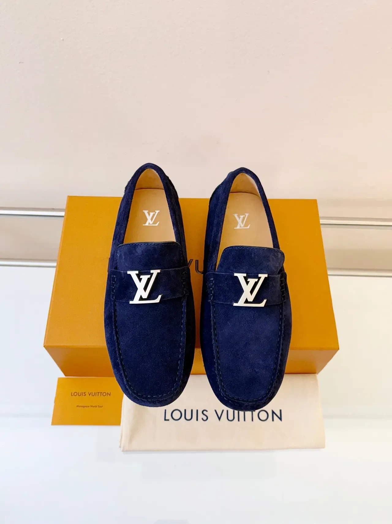 Louis Vuitton Navy Beige Suede Upper Metal LV Buckle Loafer 6