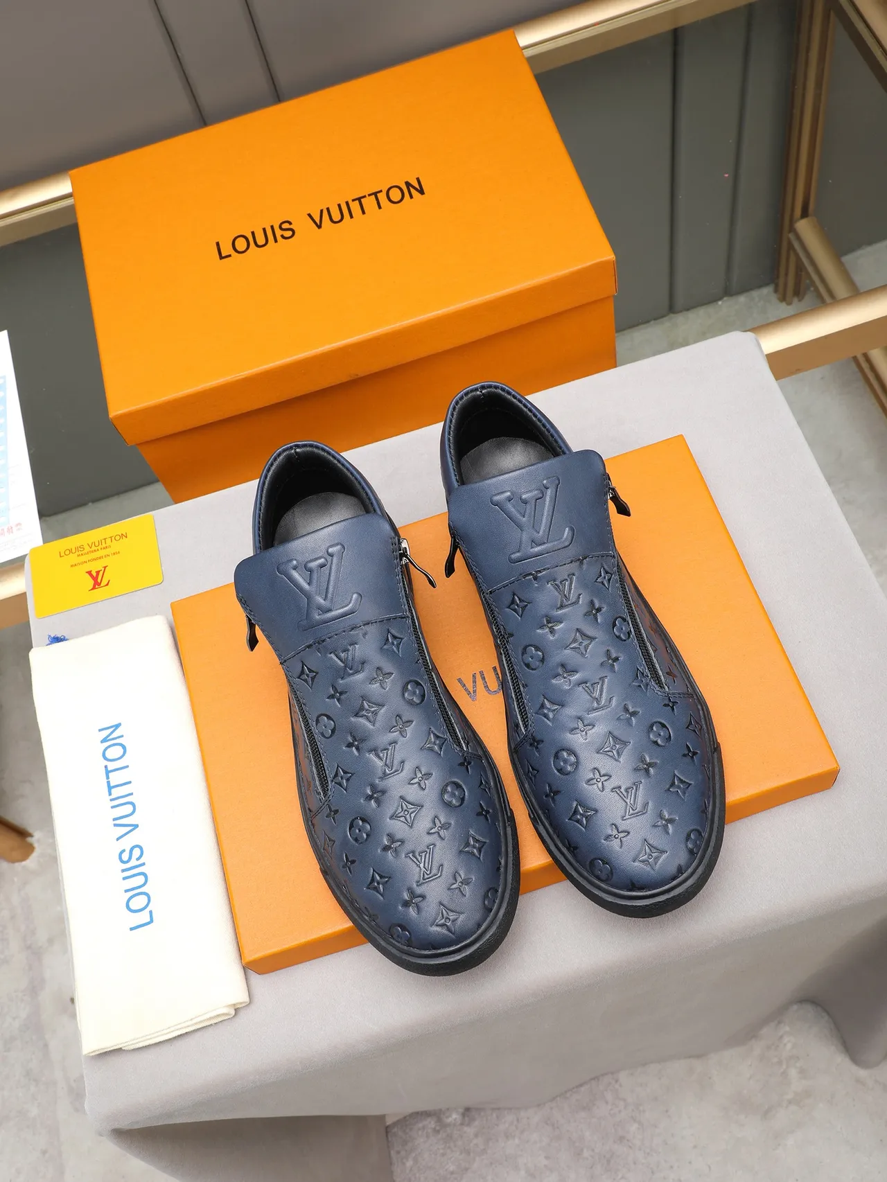 Louis Vuitton Navy Black Monogram-Embossed Leather Side-Zip Closure Loafer 2