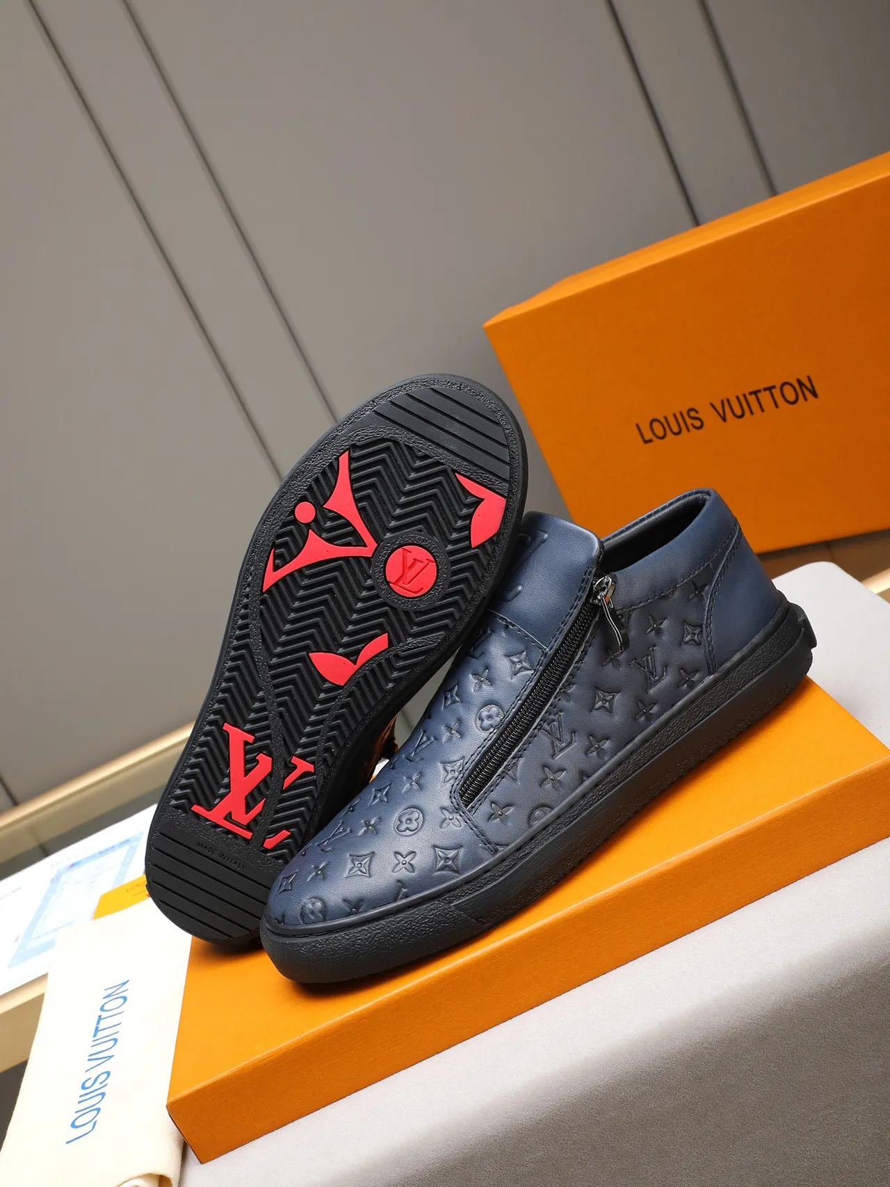 Louis Vuitton Navy Black Monogram-Embossed Leather Side-Zip Closure Loafer 4