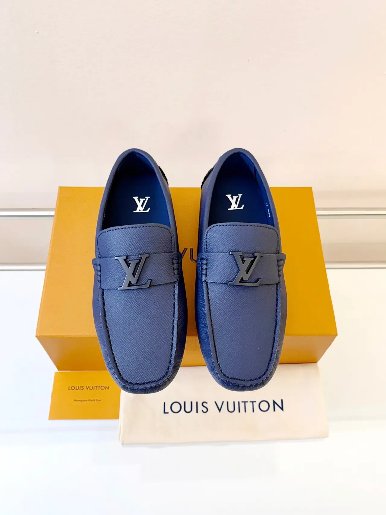 Louis Vuitton Navy Black Textured Leather Upper LV Monogram Buckle Strap Loafer 6