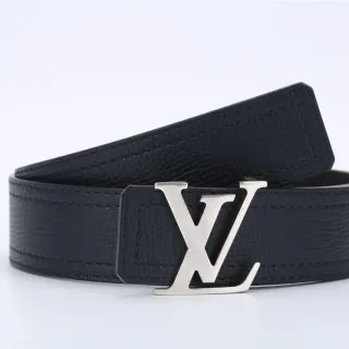 Louis Vuitton Navy Silver Textured Grain Double-Stitched Edges Leather Belt
