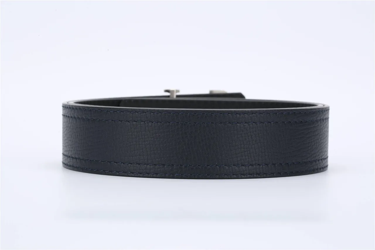 Louis Vuitton Navy Silver Textured Grain Double-Stitched Edges Leather Belt 6