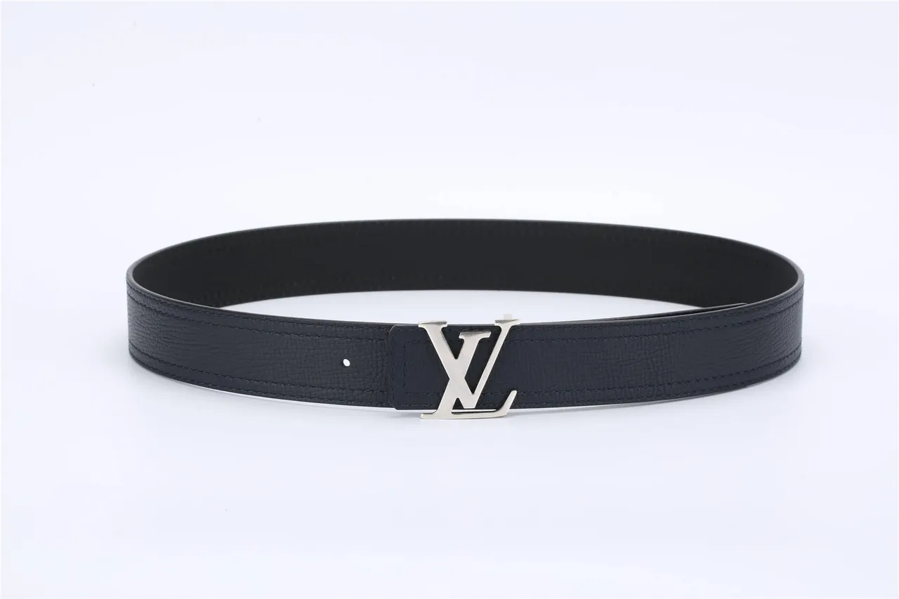 Louis Vuitton Navy Silver Textured Grain Double-Stitched Edges Leather Belt 7