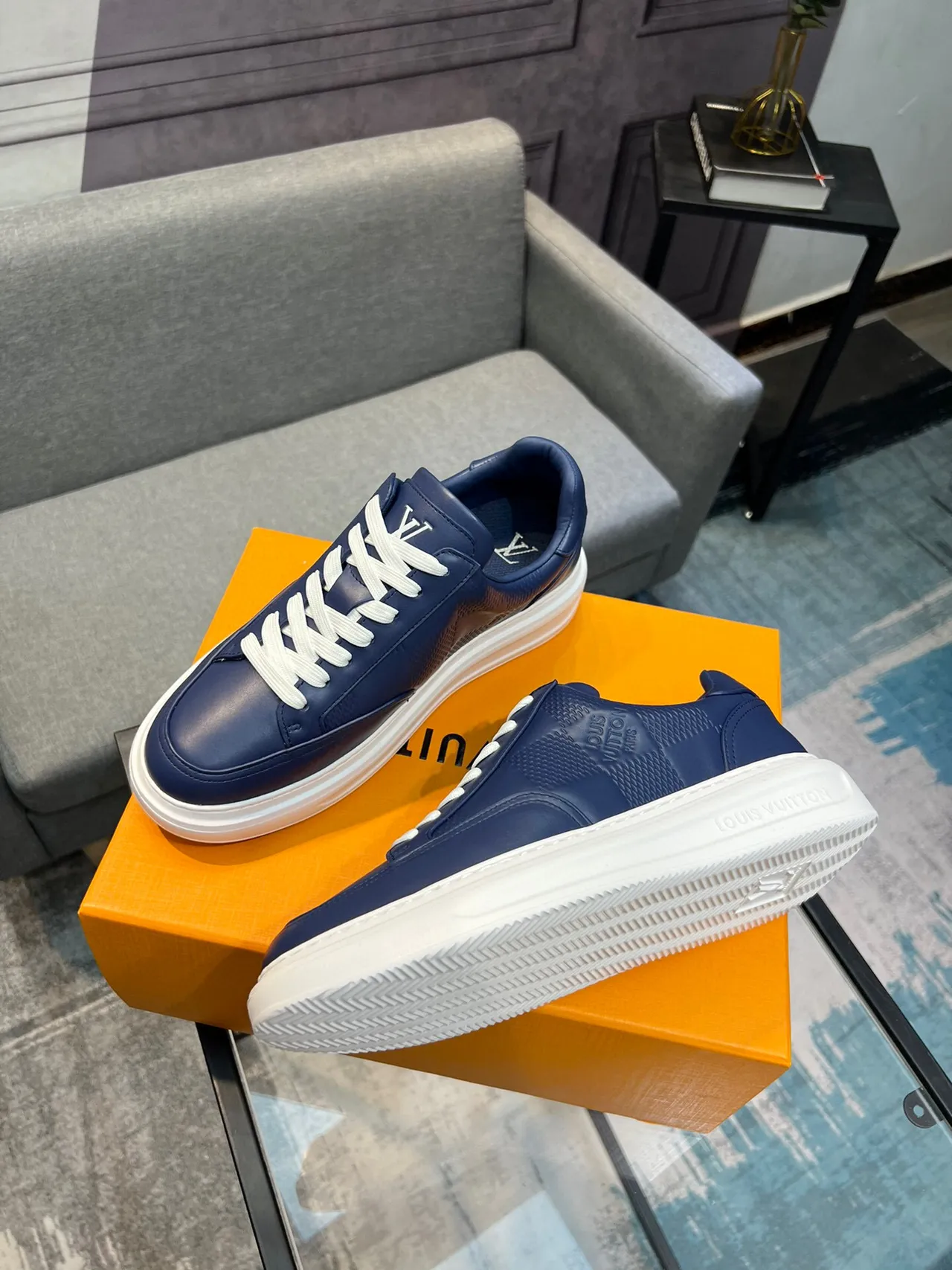 Louis Vuitton Navy White Leather Upper Perforated Side Panels Lifestyle Sneakers 4