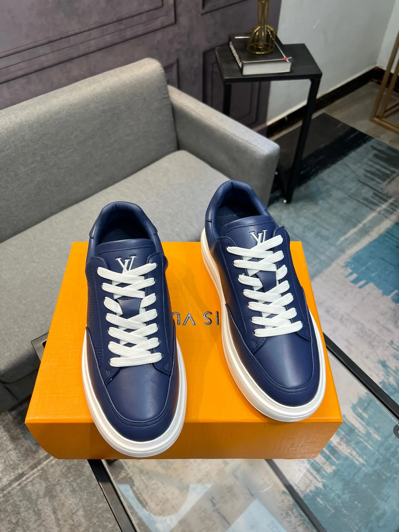 Louis Vuitton Navy White Leather Upper Perforated Side Panels Lifestyle Sneakers 5