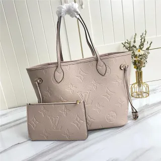 Louis Vuitton Neverfull Beige Brown Embossed Monogram Leather Rolled Top Handles Tote Bag