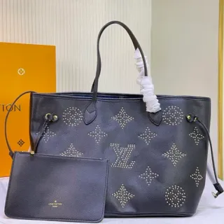 Louis Vuitton Neverfull Studded Dark Gray Leather Tote Bag