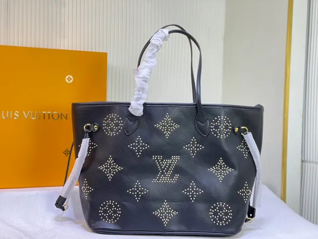 Louis Vuitton Neverfull Studded Dark Gray Leather Tote Bag 2