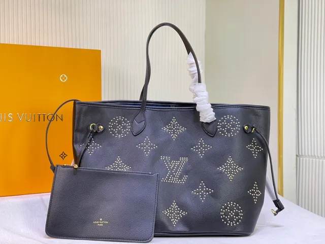 Louis Vuitton Neverfull Studded Dark Gray Leather Tote Bag 5